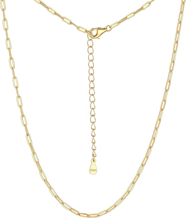PROSILVER 925 Sterling Silver Paperclip Chain Necklace for Women Jewelry, with Gold/Rose Gold Plated, W: 1.7mm/3.3mm, L: 14"/16"/18"/20"/22"/24", Adjustable, Come with Box