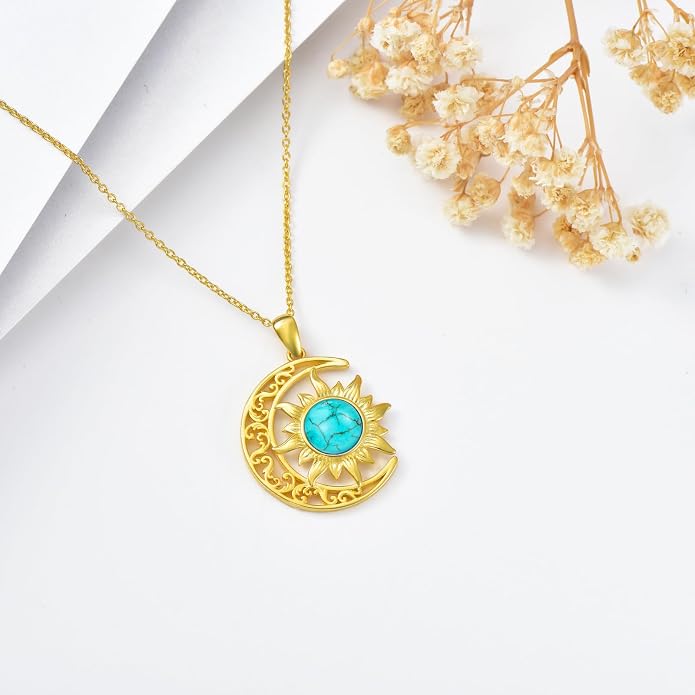 Crescent Moon Necklace for Women 18K Gold Plated Silver Moon and Sun Pendant with Gemstone Dainty Birthstone Jewelry Pendant Necklace for her