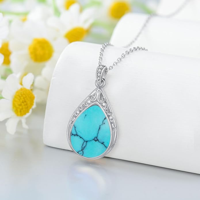 HPQQ Teardrop Necklace 925 Sterling Silver Filigree Gemstone Pendant Necklace Fine Jewelry Birthday Mother's Day Gifts for Women Her Mom