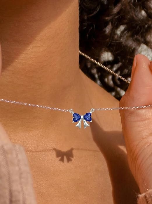 ChicSilver Bow and Cat Birthstone Necklace, 925 Sterling Silver Pendant Necklaces for Women, Hypoallergenic Silver Choker with 16 inch Rolo Chain, 12 Months Jewelry for Valentines Mothers Day Christmas