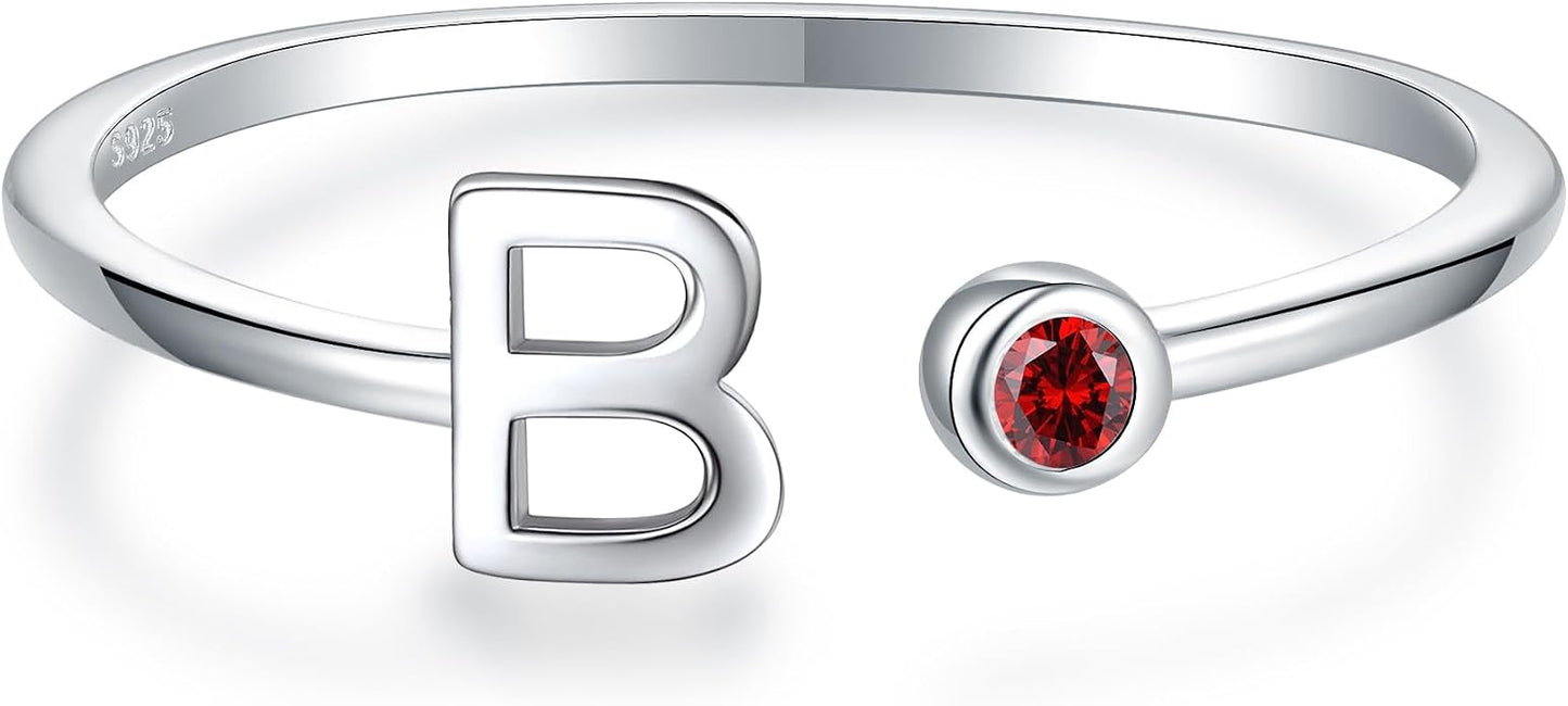925 Sterling Silver Initial Letter Birthstone Rings for Women Adjustable 1-12 Month Birthstone Alphabet Stacking Ring for Teens Girls Stackable Birthstone Rings Birthday Jewelry Gift for Daughter Mom