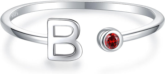 925 Sterling Silver Initial Letter Birthstone Rings for Women Adjustable 1-12 Month Birthstone Alphabet Stacking Ring for Teens Girls Stackable Birthstone Rings Birthday Jewelry Gift for Daughter Mom
