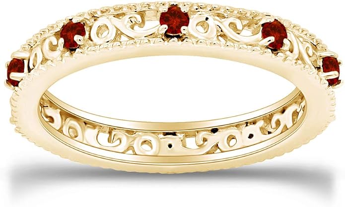 Jewel Zone US Filigree Eternity Wedding Band Ring for Women, Round Cut Simulated Gemstone Stackable Promise Ring in 14K Gold Plated 925 Sterling Silver Band Width 3.5mm – Elegant Jewelry for Her