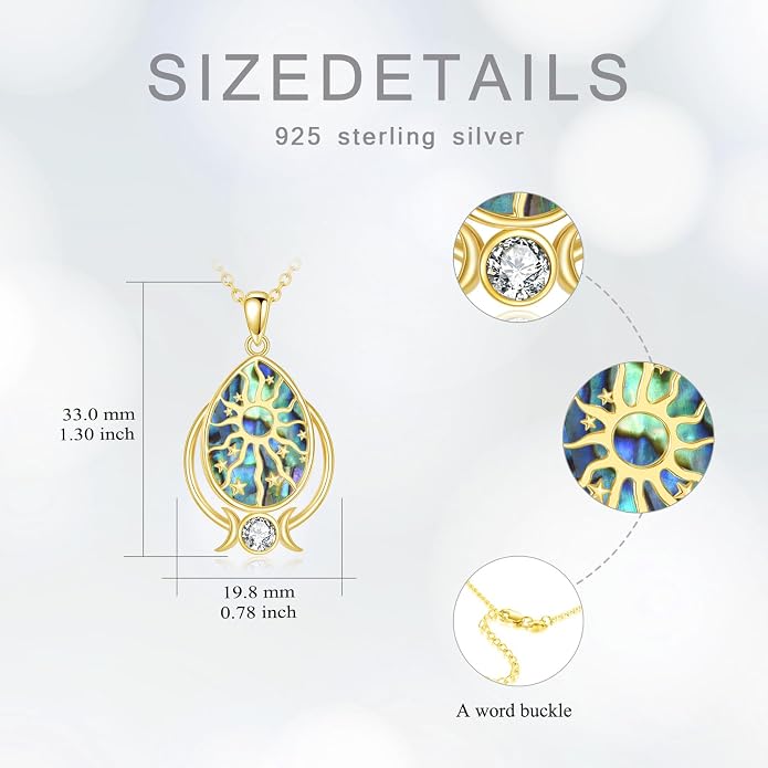 14k Gold Plated Abalone Shell Pendant Necklace For Women Fashion Sun & Star Crescent Necklace With Silver Cable Chain Jewelry Gifts, 18" + 2" Inches