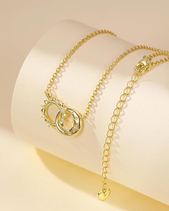 Celestial Necklace for Women: 14K Gold Plated Compass Sun Star Moon Phase Pendant, Boho Spiritual Gemstone Jewelry Anniversary Graduation Birthday Christmas Gift for Her Wife Girlfriend Daughter