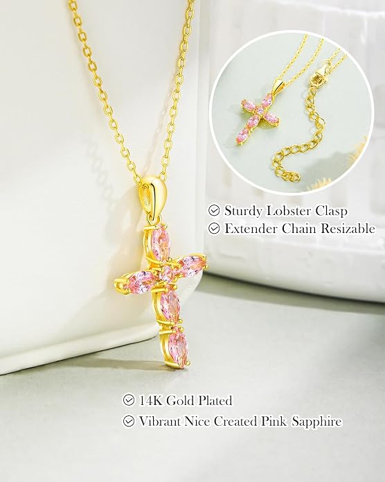 14K Gold Plated 925 Sterling Silver Birthstone Cross Necklace for Women Men