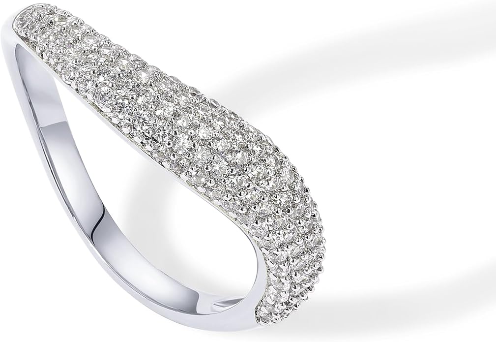 PAVOI 14K Gold Plated Wavy Cubic Zirconia Stackable Ring for Women | Twisted Wave CZ Band | Delicate Eternity Rings