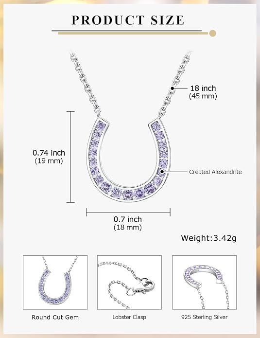 Luck Horseshoe Necklace 14K Gold Plated/Sterling Silver Created Gemstone Pendant with Chain Channel Set U Shaped Charm Necklace Birthstone Jewelry