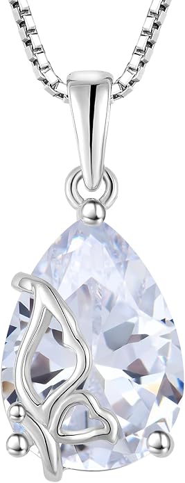 Teardrop Necklace 925 Sterling Silver Butterfly Pendant Necklace Birthstone Jewelry for Women