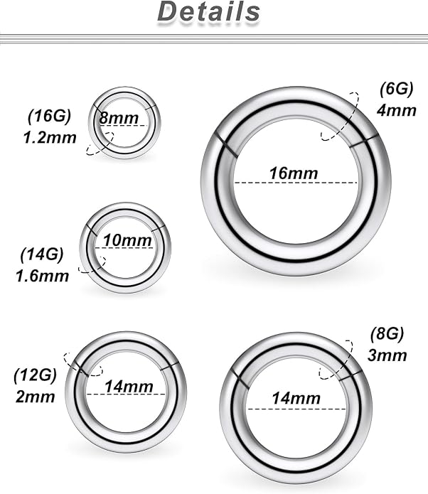 20G-2G Surgical Steel Hinged Clicker Septum Nose Rings Gauges Earrings Seamless Hoops Eyebrow Lip Ring Cliker Helix Tragus Daith Rook Earrings for Women Men