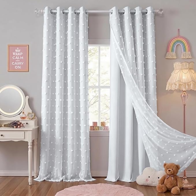 PONY DANCE White Curtains for Living Room 96 Inches Long, Thermal Insulated Room Darkening Curtains with Pom Pom Sheer, Double Layer Curtain for Girls' Bedroom, 52W x 96L, White, 2 Panels