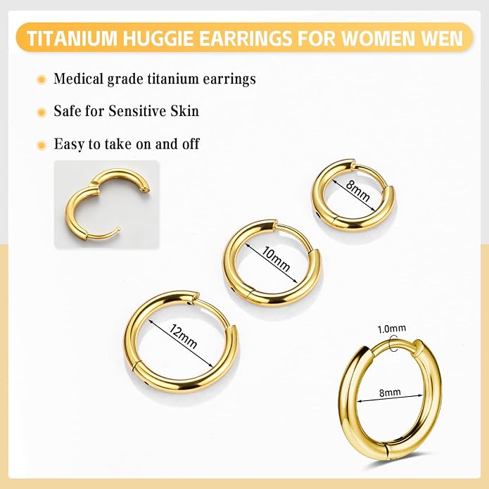 AOEDEJ G23 Titanium Black/Steel Gray/Gold Hoop Earrings 18G Small Huggie Hoop Earrings 8mm/10mm/12mm Cartilage for Sensitive Ears for Multiple Piercing Cartilage Hoop Earring Stack Jewelry
