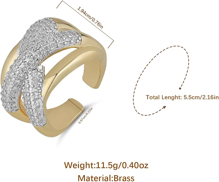 HZMAN 14K Gold Plated Brass Open Ring Collection for Women, Non-Adjustable Crystal Inlay Statement Rings, Wide Band Cocktail Jewelry Assorted Styles