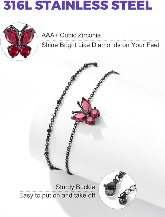 Richsteel Double Layer Heart/Butterfly Birthstone Anklet for Women Non Tarnish Waterproof, Silver/Gold/Black Stainless Steel 8.5-10.5 Inch Adjustable Chain Anklets Jewelry Gifts for Her