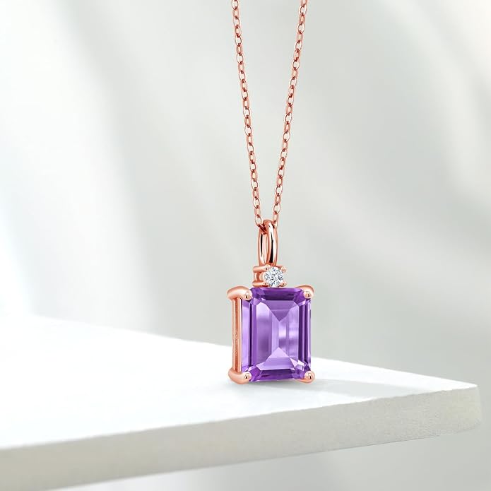 Gem Stone King 925 Sterling Silver Gemstone Birthstone Pendant Necklace for Women | Emerald Cut 10X8MM and Round 2MM | With 18 Inch Chain | Fine Jewelry for Her Mom Wife