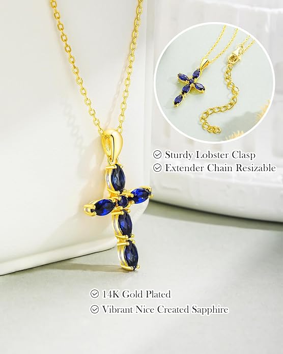 14K Gold Plated 925 Sterling Silver Birthstone Cross Necklace for Women Men