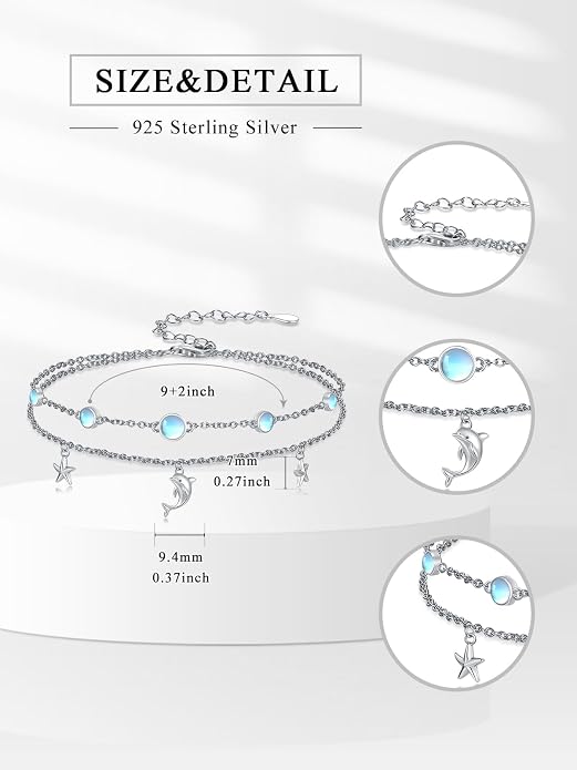 Wave/Dolphin Bracelet/Sea Turtles Anklet 925 Sterling Silver Adjustable Moonstone Bracelet/Anklet Summer Ocean Jewelry Gifts for Women