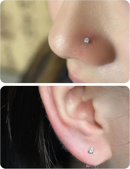 20G 18G 16G 14K Gold Filled Threadless Flat Back Earrings Studs Surgical Stainless Steel Opal CZ Nose Rings Studs Tragus Helix Conch Cartilage Earrings Piercing Jewelry For Women Men Silver