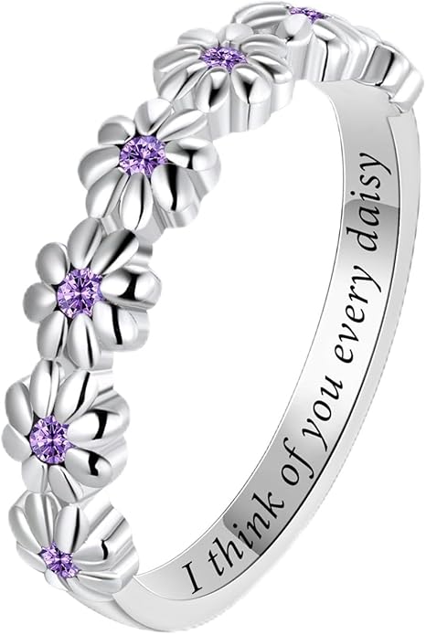 Dainty Daisy Ring for Women, S925 Sterling Silver Cubic Zirconia Sunflower Flower Ring For Daughter, I Think Of You Every Daisy Ring, Birthstone Flower Ring