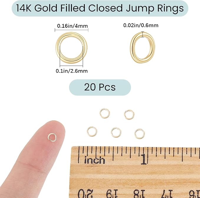 Beebeecraft 20Pcs Closed Jump Rings 4mm 22 Gauge 14K Gold Filled Round Golden Soldered Jump Rings Link Connectors for Jewelry Making Bracelet Necklace DIY Crafts