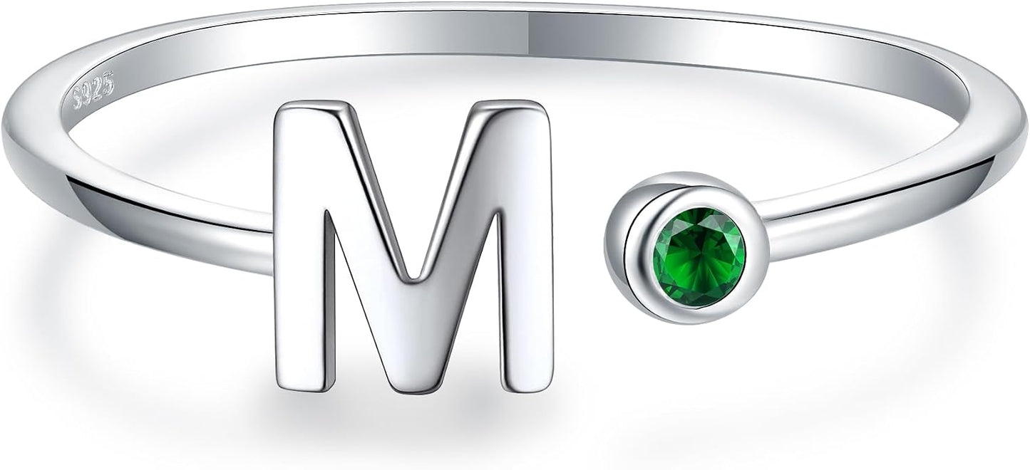 925 Sterling Silver Initial Letter Birthstone Rings for Women Adjustable 1-12 Month Birthstone Alphabet Stacking Ring for Teens Girls Stackable Birthstone Rings Birthday Jewelry Gift for Daughter Mom