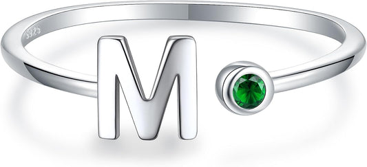 925 Sterling Silver Initial Letter Birthstone Rings for Women Adjustable 1-12 Month Birthstone Alphabet Stacking Ring for Teens Girls Stackable Birthstone Rings Birthday Jewelry Gift for Daughter Mom