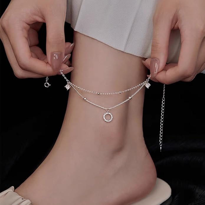 925 Sterling Silver Beaded Anklets for Women 14K Gold Plated Layered Ankle Bracelets Waterproof Cubic Zirconia Circle Charm Anklets Summer Jewelry Birthday Graduation Gifts
