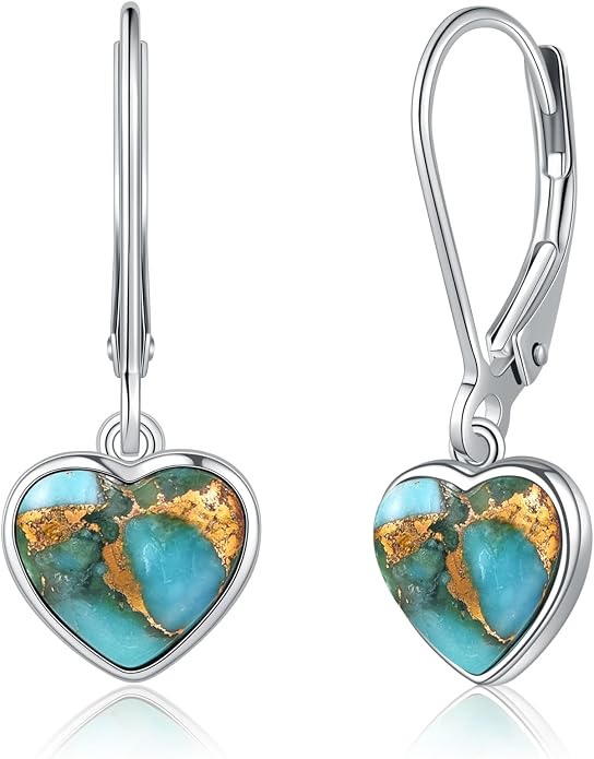 Heart Natural Turquoise Earrings for Women - Top AAA Grade, Hypoallergenic 925 Sterling Silver Leverback Dangle Earrings, Trendy Jewelry Gifts