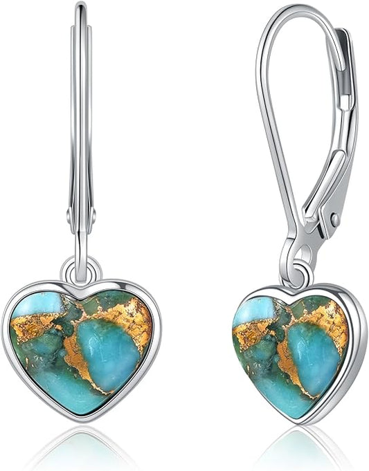 Heart Natural Turquoise Earrings for Women - Top AAA Grade, Hypoallergenic 925 Sterling Silver Leverback Dangle Earrings, Trendy Jewelry Gifts