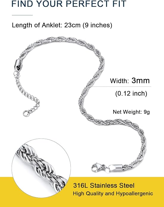 ChainsPro Resizable Anklet Chain for Women Men, Figaro/Wheat/Twist Rope/Cuban Foot Bracelet-Strong with Good Clasp-18K Gold Plated(Send Gift Box)