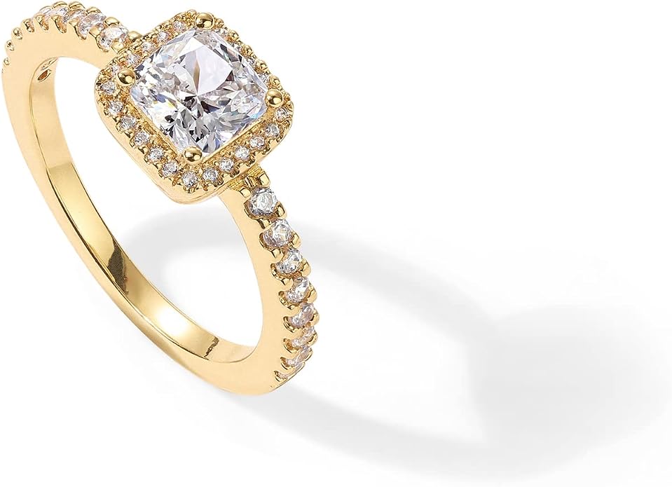 PAVOI 14K Gold Plated Halo Ring | Heart Ring for Women | Square Round Valentines Day Love Promise Rings for Her