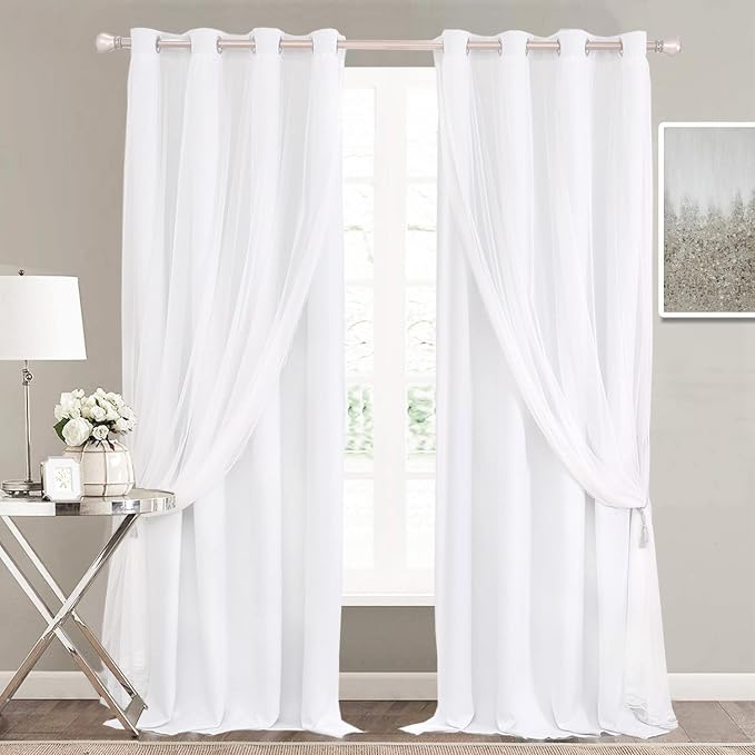 Winter White Curtains Set - Double Layers Voile Sheer Light Block Draperies with Tie-Backs for Bedroom Windows, 52 x 63 inches, Winter White, 2 Pieces