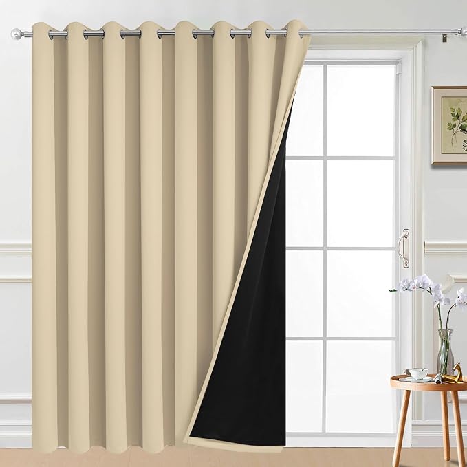 Yakamok Beige 100% Blackout Patio Door Curtain Panels W100 x L84,1 Panel | Noise Reducing Barrier Panel for Sliding Glass Door, 2 Thick Layers Heat Full Light Blocking Patio Door Drapery