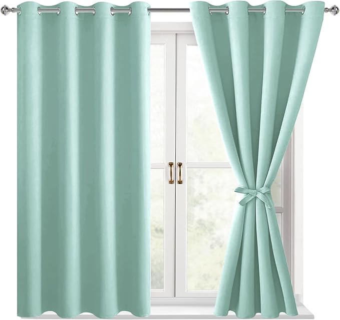 Hiasan Blackout Curtains for Bedroom, 52 x 54 Inches Long - Thermal Insulated & Energy Saving Window Curtains for Living Room, 2 Drape Panels Sewn with Tiebacks, Aqua