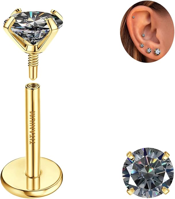 GEMQUEEN Moissanite Earrings G23 Titanium Extended Internal Thread Flat Back Earrings Hypoallergenic Tragus Cartilage Helix Conch Piercing Jewelry for Women Men 18G 6/8mm Post Gray/D Color 0.2-3CT