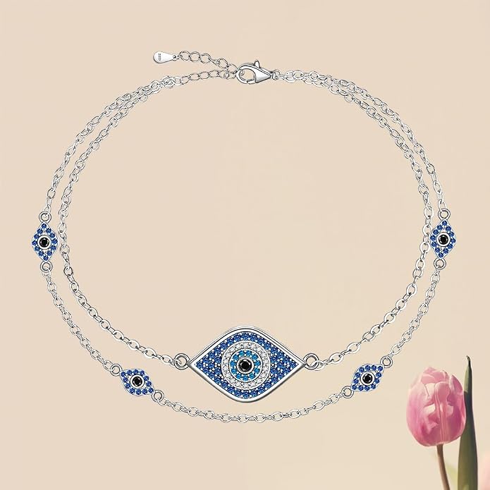 Fenthring Evil Eye Anklet Sterling Silver Protection Turkish Blue Eyes Ankle Bracelets Anklets for Women Chain Jewelry