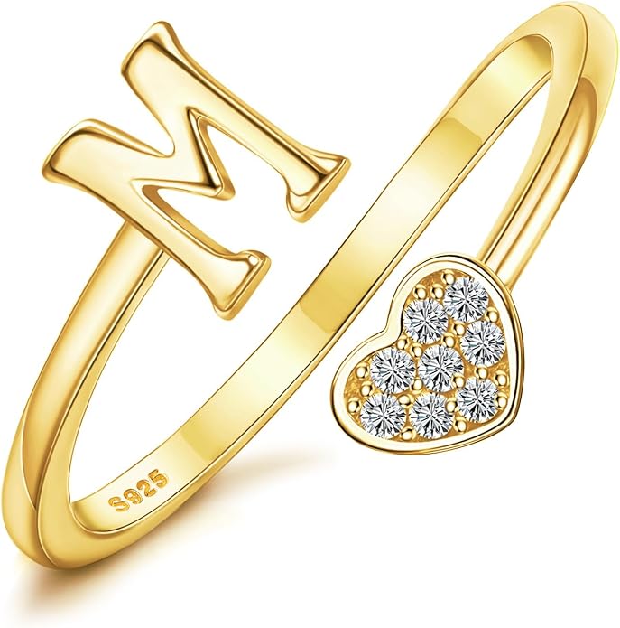 MILACOLATO 925 Sterling Silver Initial Rings for Women Teen Girl 18K Gold Plated Heart Initial Rings Adjustable Capital Letter Ring Stackable Thumb Pinky Rings for Daughter Birthday Bridesmaid Gifts Jewelry, A to Z