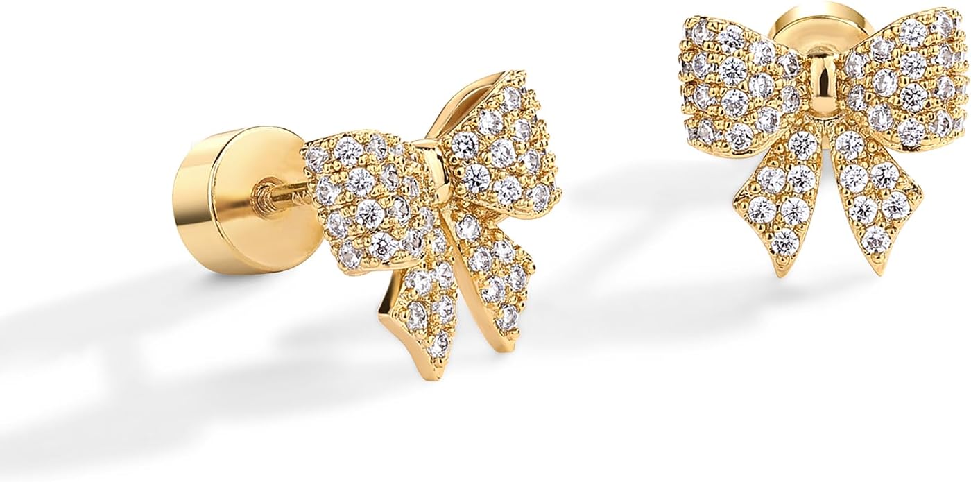 PAVOI 14K Gold Plated Dainty Flat Back Earrings for Women - Hypoallergenic Sterling Silver Posts Helix Cartilage Piercing Jewelry - Emoji Motif Bow Celestial Flatback Gold Stud Earrings Screw Back