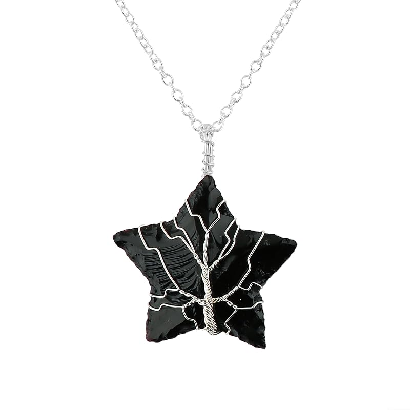 Tree of Life Craft - Raw Black Sea Glass Rough Crystals Pendant Necklace, Wire Wrapping, Gift Giving Women Jewelry with Dainty Silver Plated Chain 18 inch (3pcs)