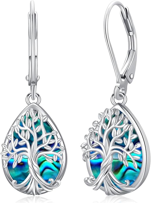 Odinstone 925 Sterling Silver Earrings Tree of Life Teardrop Moonstone Dangle Drop Leverback Earrings for Women
