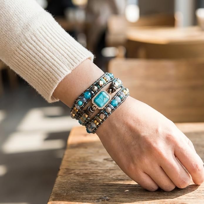 YGLINE Boho Handmade Wrap Leather Tube Crystal Stone Bracelet for Women