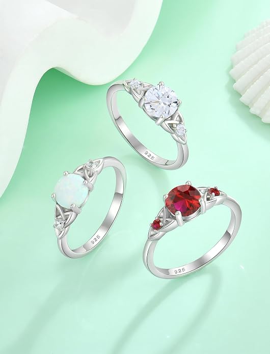 Celtic Knot Rings for Women 925 Sterling Silver Solitaire Ring Wedding Engagement Band Round Birthstone Jewelry Size 5-10