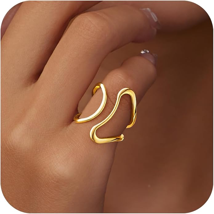 Gelbesty Waterproof Gold Statement Rings for Women, 14K Gold Plated Chunky Open Stackable Rings Non Tarnish Fashion Adjustable Stainless Steel Pinky Knuckle Signet Vintage Ring Jewelry Size 5-11