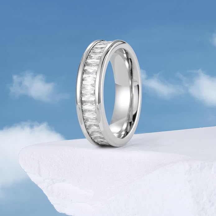King Will 6mm 316L Stainless Steel Eternity Ring for Women, Colorful Baguette-Cut Cubic Zirconia Stackable Band, Pipe Cut Anniversary Engagement Ring Comfort Fit, Size 6-10