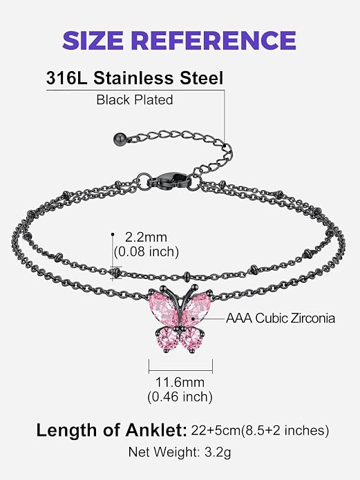 Richsteel Double Layer Heart/Butterfly Birthstone Anklet for Women Non Tarnish Waterproof, Silver/Gold/Black Stainless Steel 8.5-10.5 Inch Adjustable Chain Anklets Jewelry Gifts for Her
