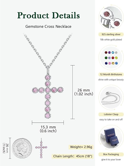 Sterling Silver Cross Necklace for Women Birthstone Religious Jewelry