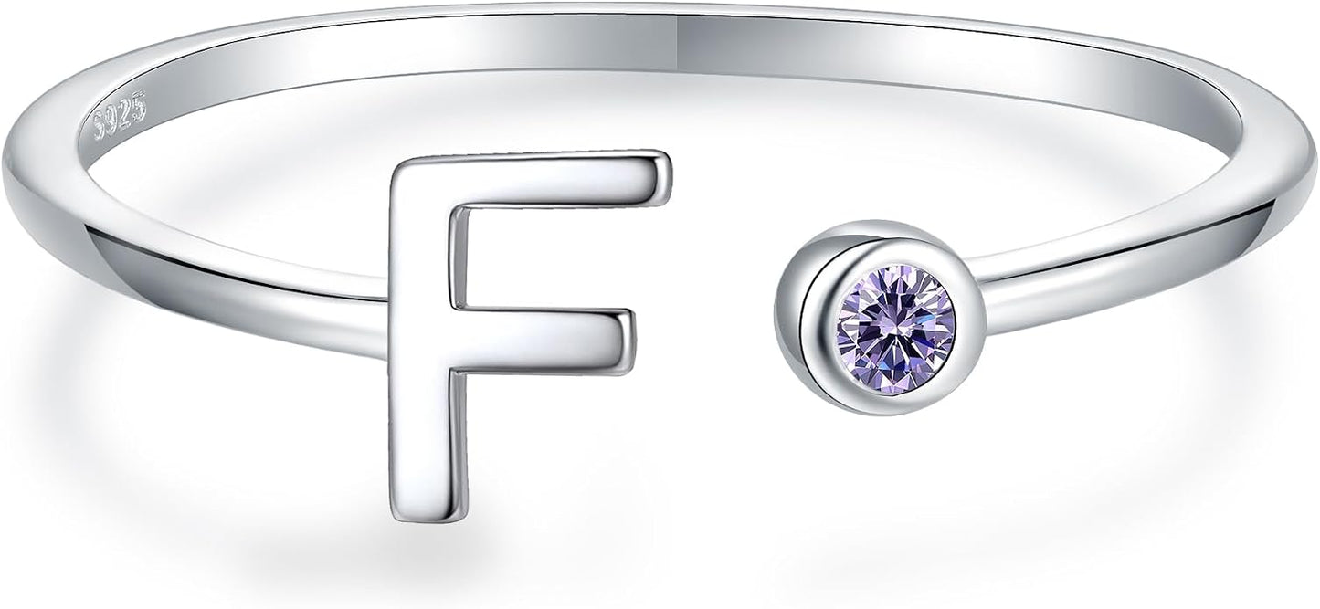 925 Sterling Silver Initial Letter Birthstone Rings for Women Adjustable 1-12 Month Birthstone Alphabet Stacking Ring for Teens Girls Stackable Birthstone Rings Birthday Jewelry Gift for Daughter Mom