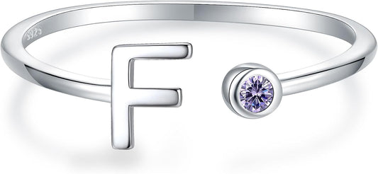 925 Sterling Silver Initial Letter Birthstone Rings for Women Adjustable 1-12 Month Birthstone Alphabet Stacking Ring for Teens Girls Stackable Birthstone Rings Birthday Jewelry Gift for Daughter Mom