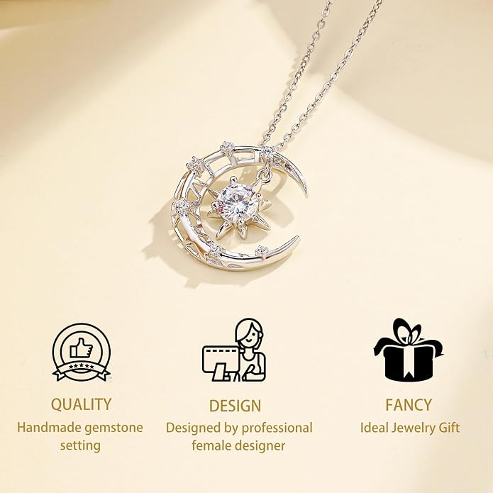 Palpitate Moon Star Necklace Moon Phase Necklace Pendant 925 Sterling Silver Jewelry Christmas Gifts for Women Wife Her Adjustable Chain