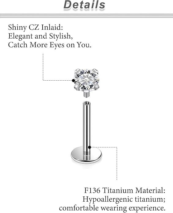 20G 18G 16G F316 Titanium Flat Back Nose Rings Studs Hypoallergenic Screw on Tragus Helix Cartilage Earrings Stud Piercing Jewerly for Women Men Bars 6mm